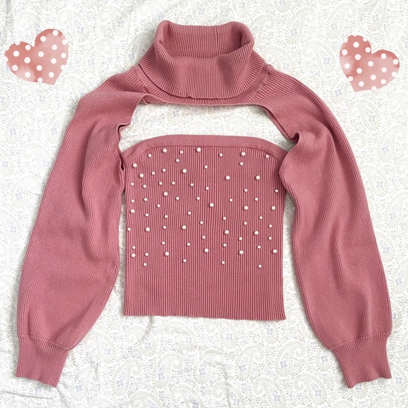 meraki Sweaters - Meraki 2-piece ribbed sweater tube top, balloon sleeve cowl neck coord set
